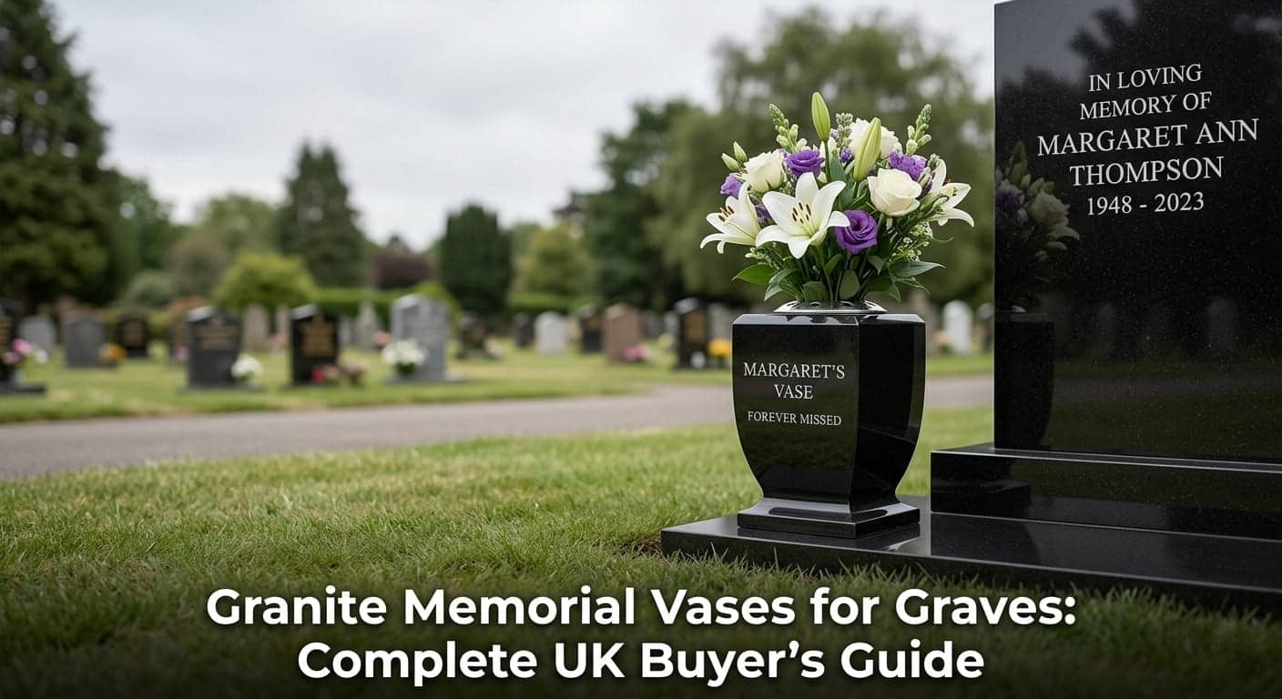Polished black granite memorial vase for a grave beside a UK headstone, engraved with gold infill lettering