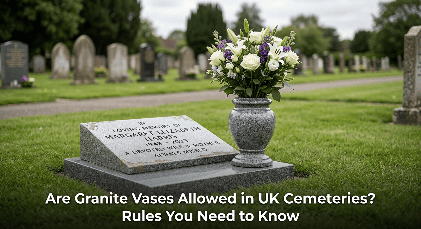 Polished black granite memorial vase at head of a grave in a UK local authority cemetery beside a headstone