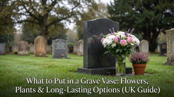 Stone grave vase filled with white lilies and lavender at a UK cemetery headstone