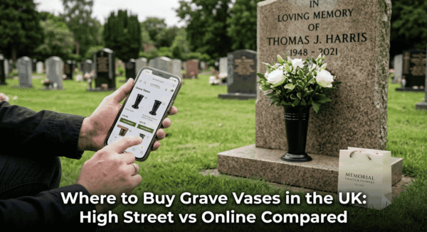 Selection of grave vases displayed online and in a UK memorial specialist showroom for comparison