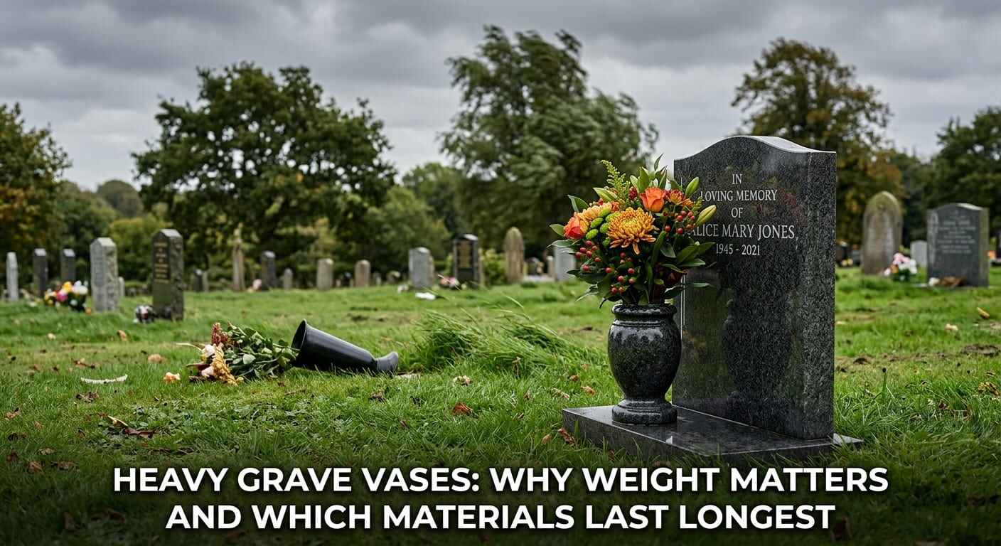 Heavy polished granite grave vase beside a headstone at a UK cemetery, stable in outdoor conditions