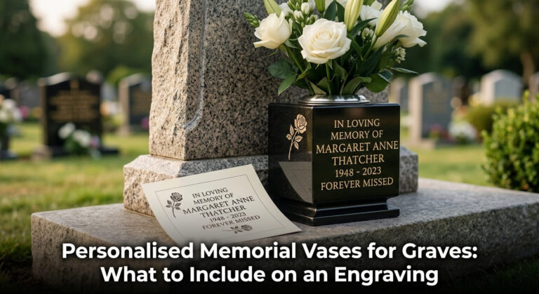 Personalised memorial vase for a grave engraved with gold infill lettering and a rose motif beside a UK headstone