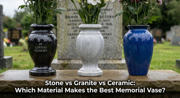 Three stone memorial vases for graves UK shown side by side, granite, marble and cast stone at a UK cemetery